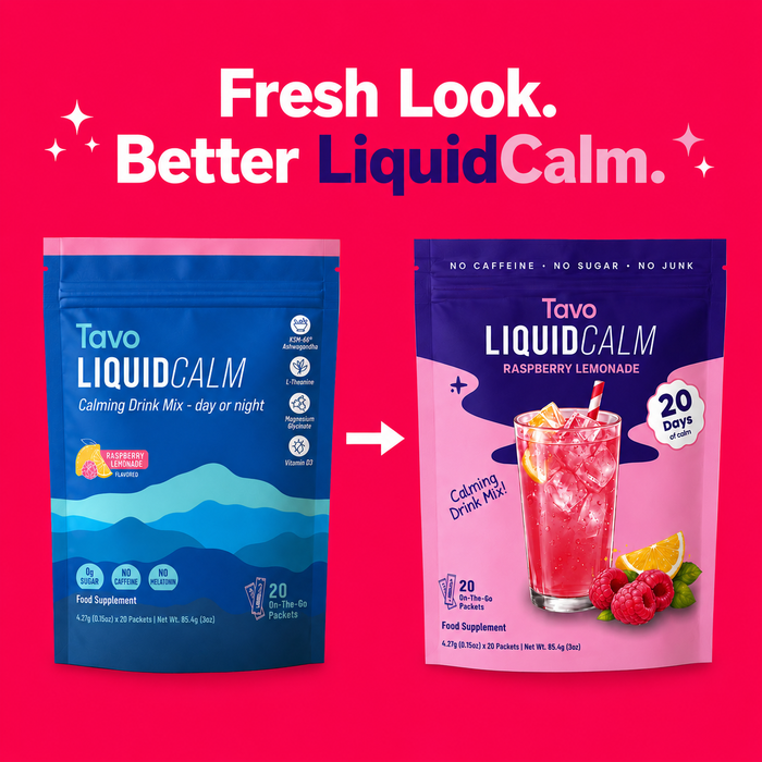 What’s inside graphic showing a pink Tavo drink with 6 essential electrolytes, vegan, non-GMO and 0 sugar benefits for LiquidCalm liquid calm and LiquidHydrate liquid hydrate.