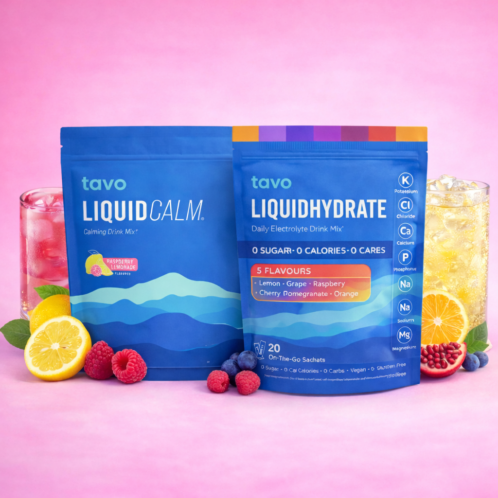 Tavo Day + Night Bundle starter kit showing LiquidCalm night drink and LiquidHydrate daytime electrolyte drink together.