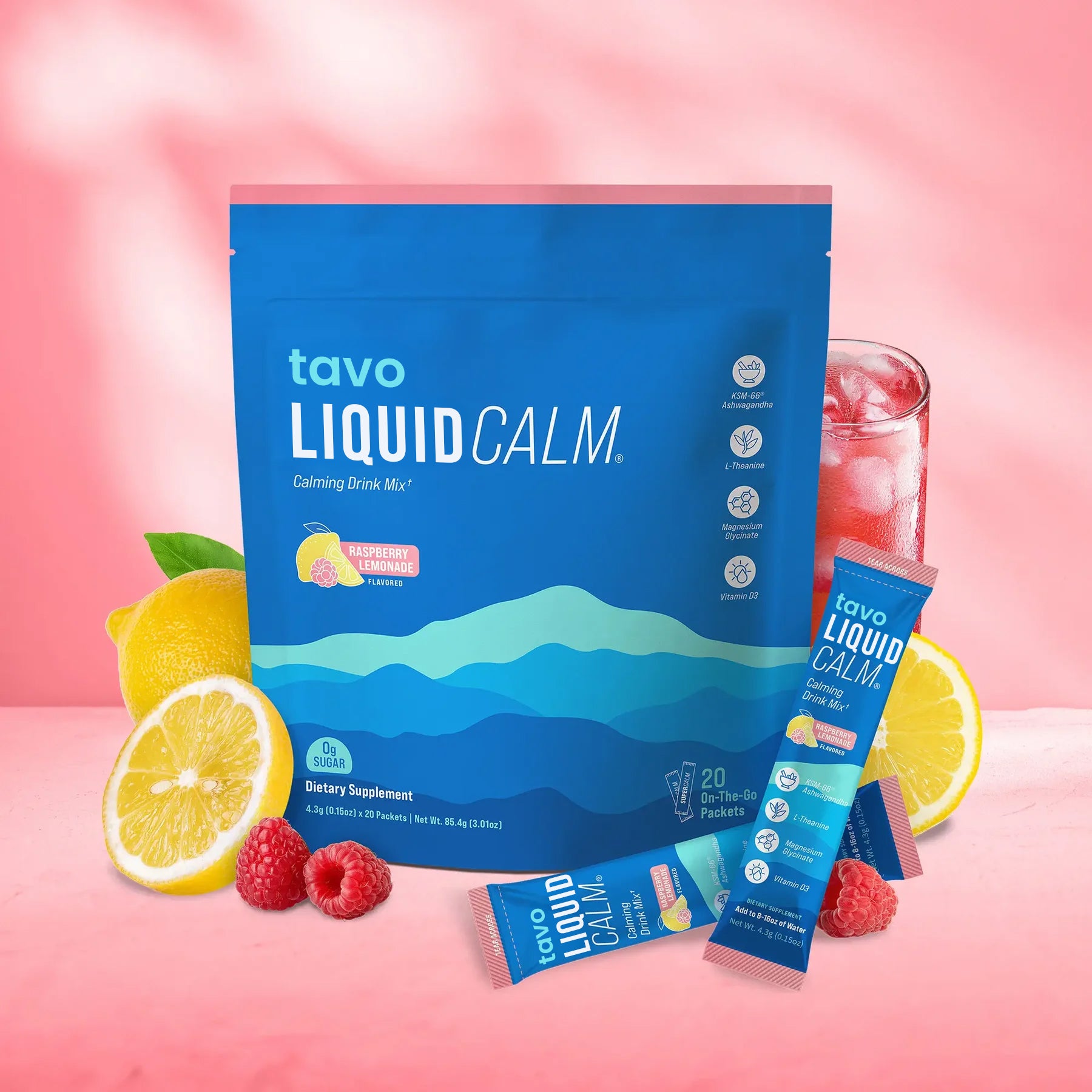 tavo LiquidCalm liquid calm raspberry lemonade calming drink mix pouch with lemons, raspberries and a pink drink on pink background